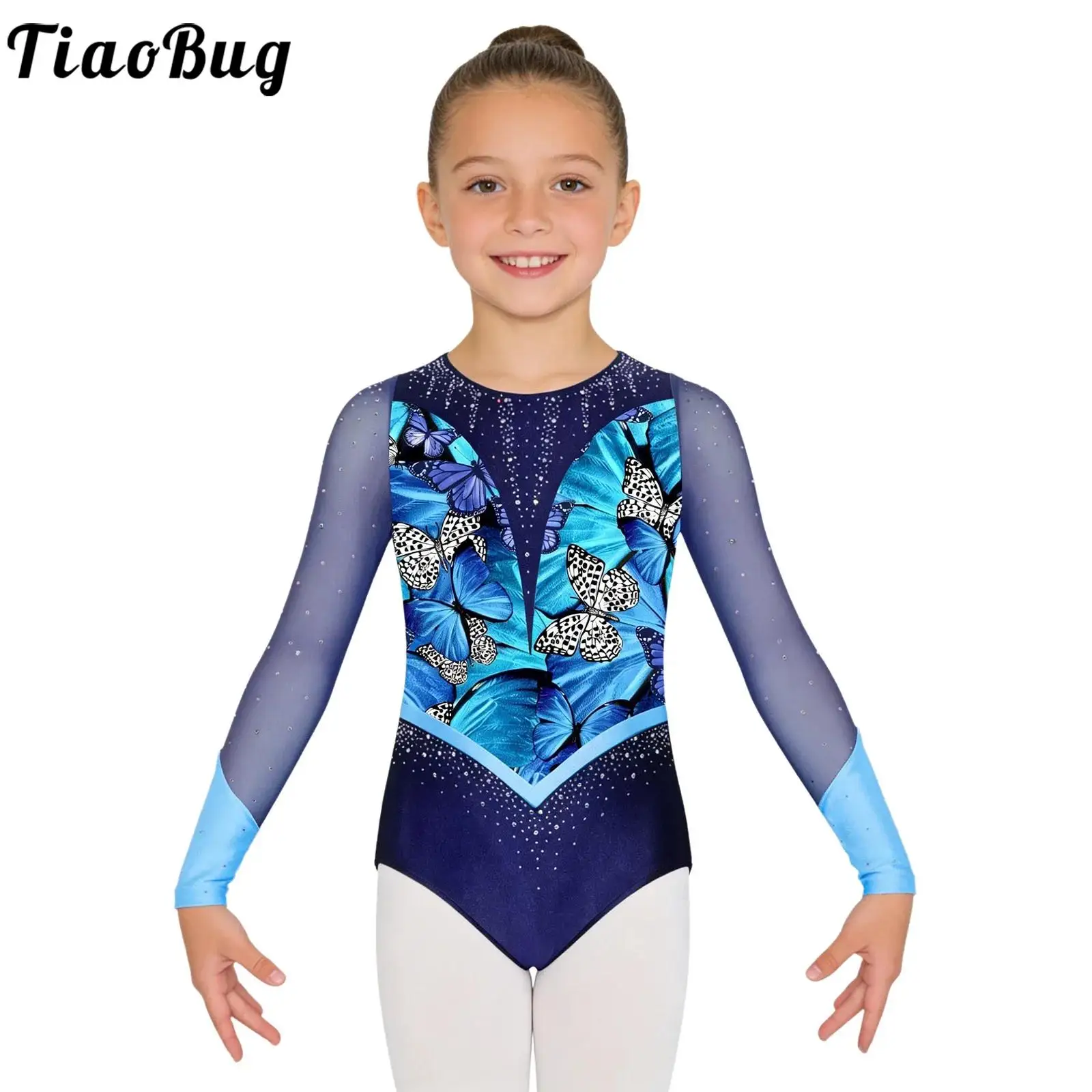 Kids Girls Shiny Rhinestone Gymnastics Leotards Ballet Dance Unitard Long Sleeve Back Cutout Printed Bodysuit Jumpsuit Dancewear
