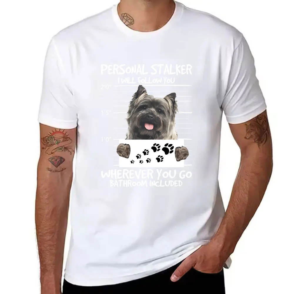 Men's Cotton Short Sleeve T-Shirt with Cute Cairn Terrier Print and Paw Pattern, Casual Summer Tee for Dog Lovers