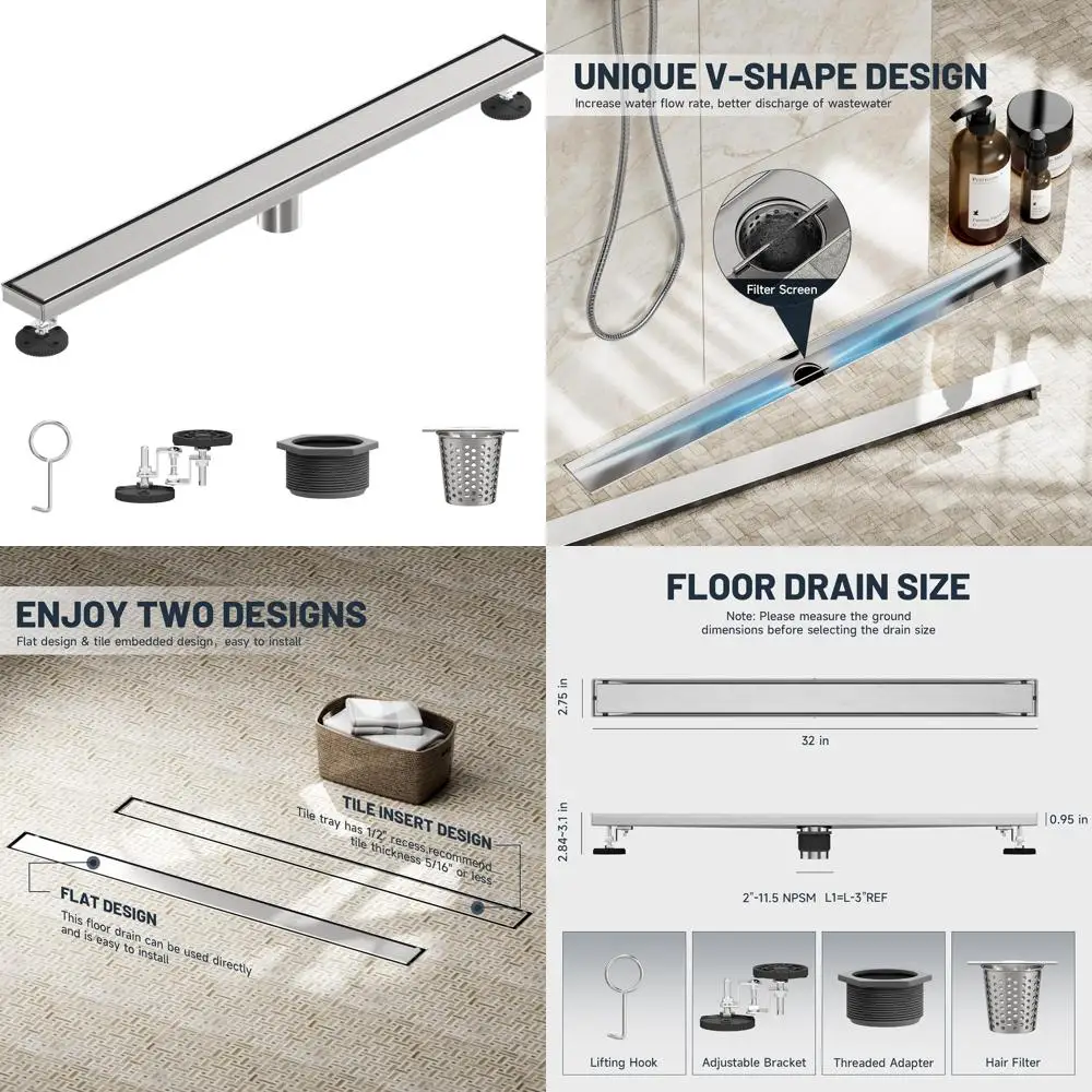 

32-дюймовый слив для душа из нержавеющей стали с решеткой для вставки в плитку для прямоугольных сливов в ванной комнате