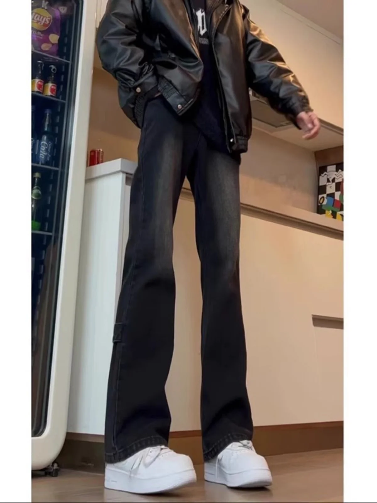 

Мужские джинсы American High Street с цветной отделкой, на флисовой подкладке, прямого кроя, с завышенной талией, для высоких мужчин, расклешенные брюки