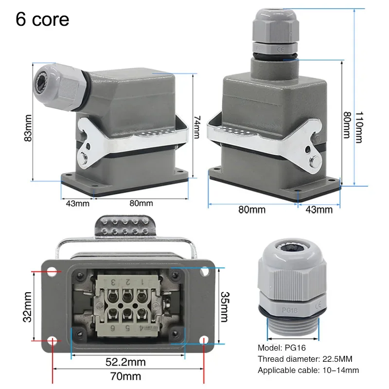 Rectangular Heavy Duty Connector HDC-HE-4/6/10/16/20/24/32/48 Core 16A 500V Waterproof And Dust Proof  Aviation Plug Socket