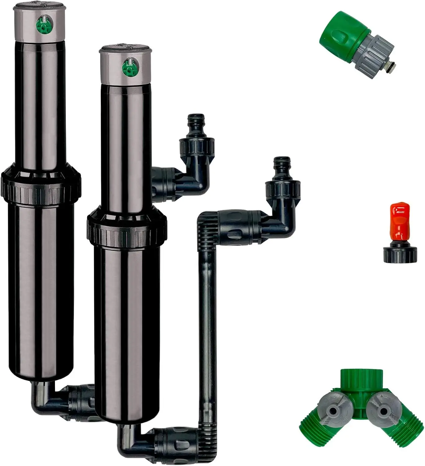 

5-Inch Pop-Up Adjustable In-Ground Sprinkler 2-Pack with Quick Hose Connectors and Splitter for Easy Lawn Watering
