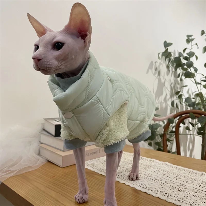 Winter Thick Fleece Windproof Jacket for Sphynx Cat Warm Cute Green High-Neck Button Coat for Kittens Loungewear For Devon Rex