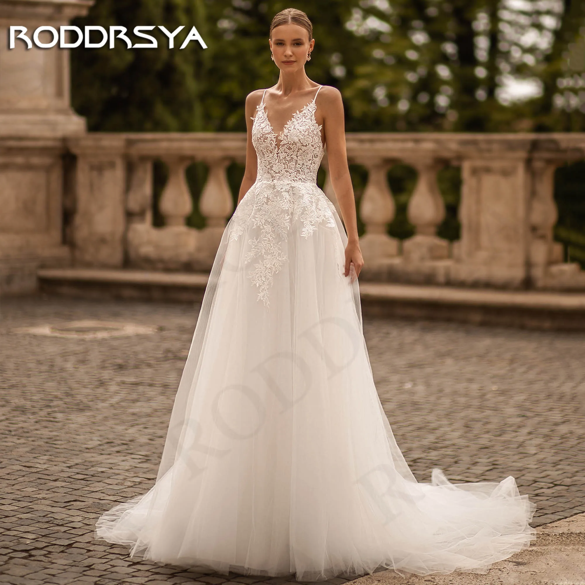 RODDRSYA Princesa V Neck Tule Vestidos De Casamento Para A Mulher 2024 Noiva A Linha Tulle Backless Appliques Vestido De Noiva Vestidos de noiva de