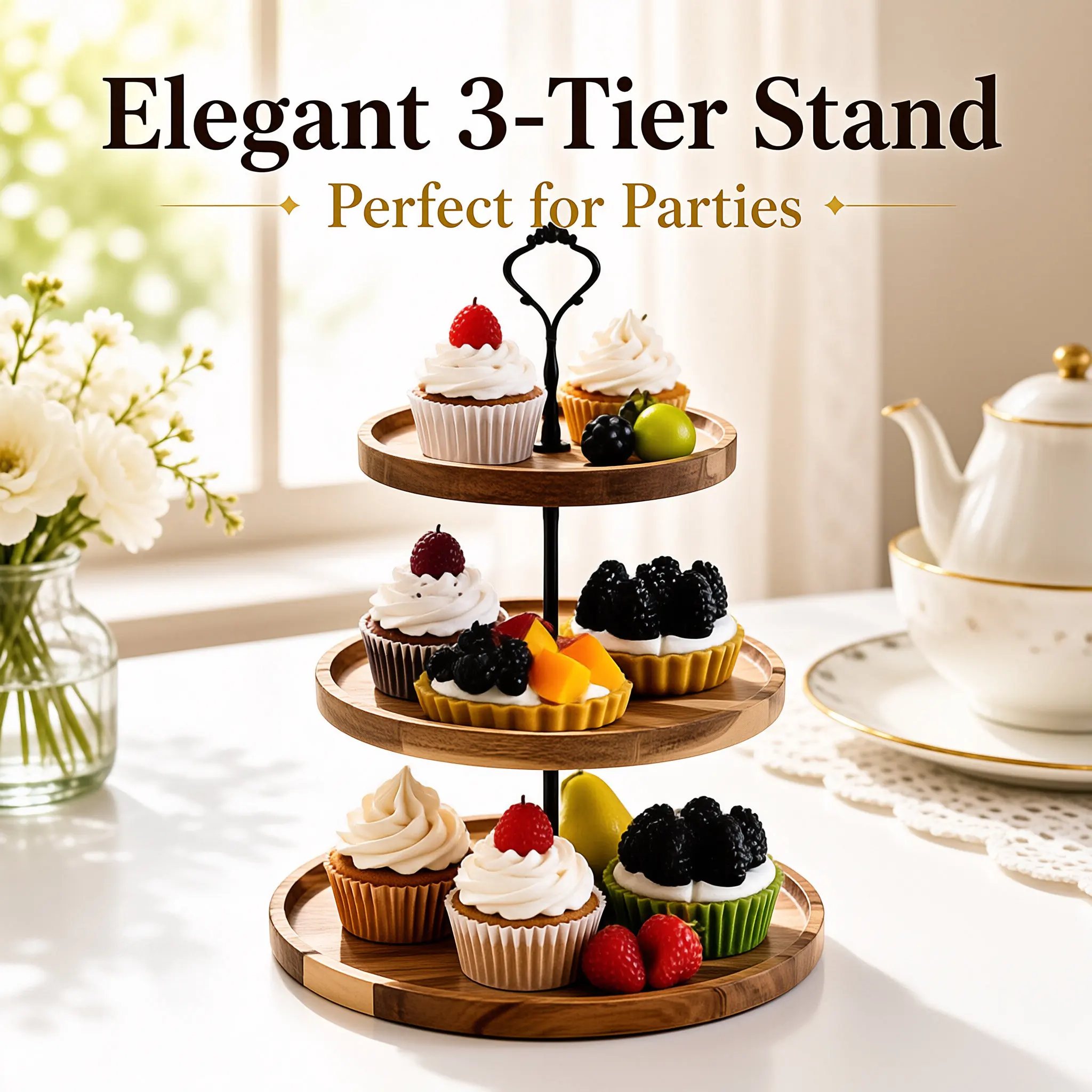 Dessert tray: forest-themed double or triple-layer cake plates, wooden dessert table decor trays, cake and dessert displays.