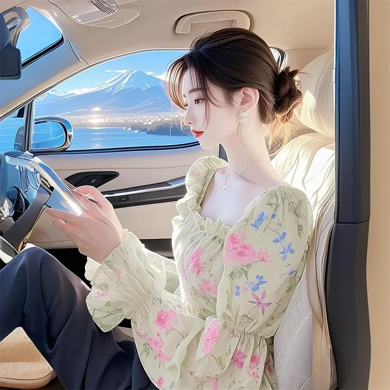 

Elegant Green Floral Print Chiffon Shirt Women's Fashionable Slim Fit Spring New Style Shirt Cute Country Style Sweet Style