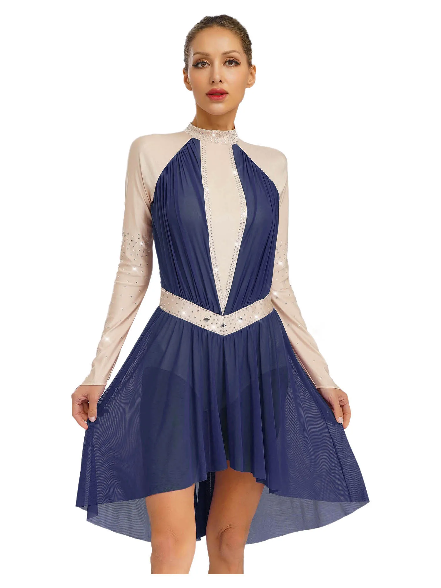 

Lady Dance Dress Mock Neck Mesh Overlay Leotard Ballet Lyrical Modern Dancing Costume Figure Skating Competition Woman Dancewear