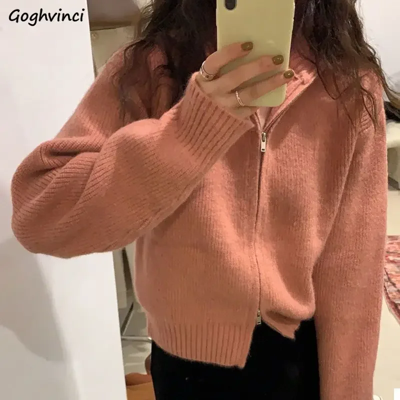 

Женские кардиганы в стиле Харадзюку с отложным воротником, вязаные осенние свитера на молнии для подростков в консервативном стиле, повседневные стильные универсальные милые женские свитера