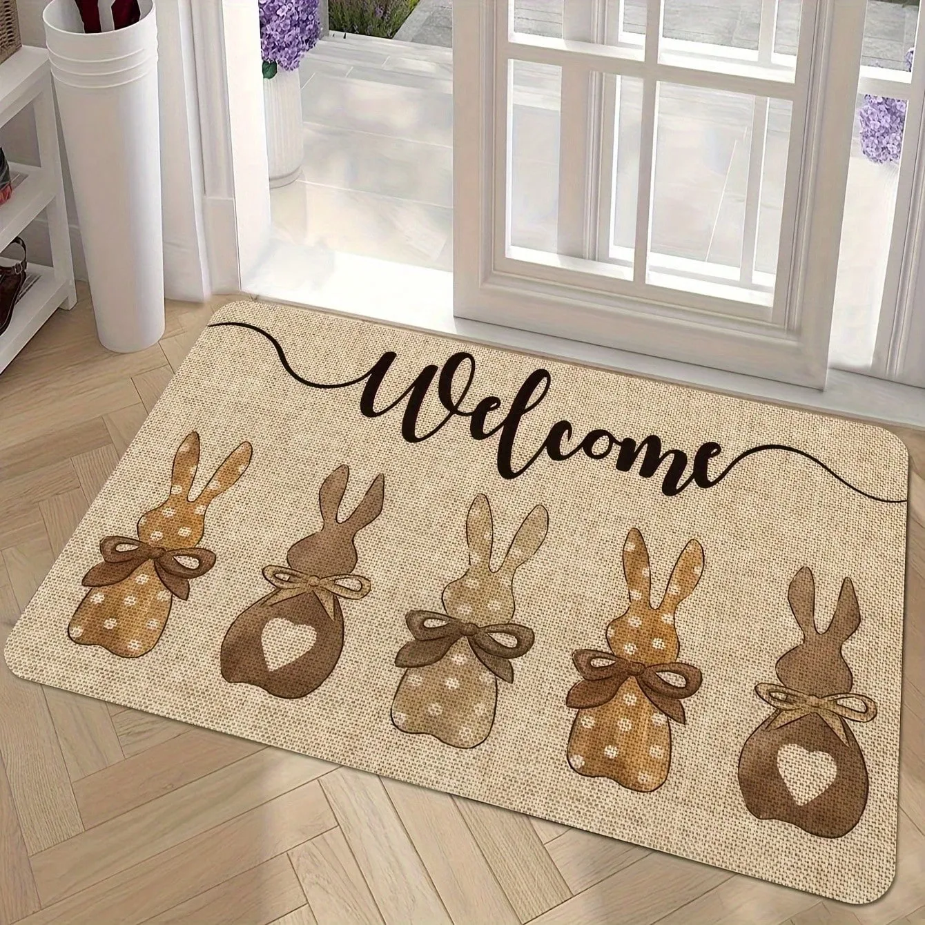 Easter Welcome Doormat Charming Bunny & Colorful Easter Eggs Pastel Floral Spring Entry with Cursive Script Cozy Seasonal Decor