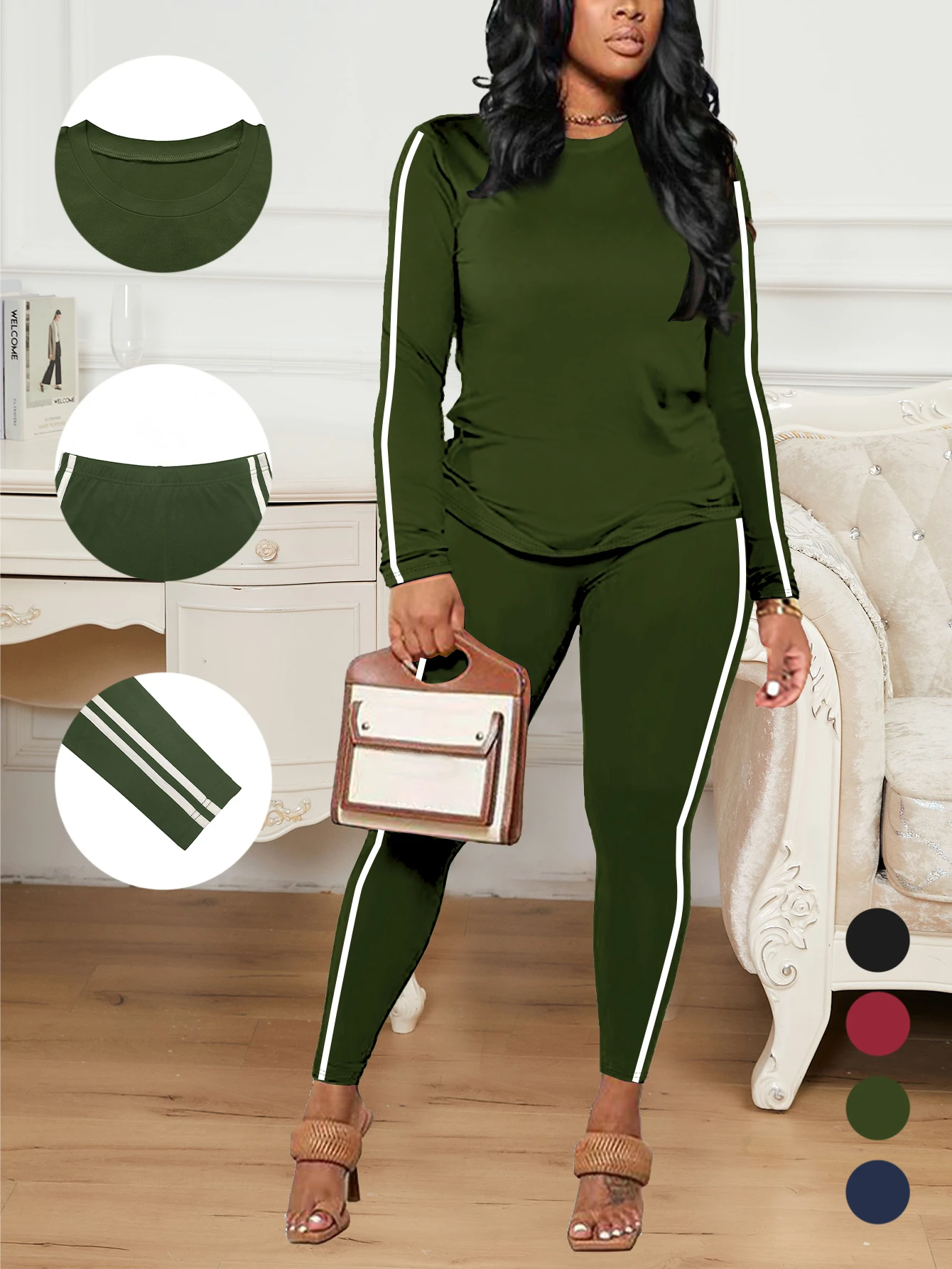 Conjunto de pantalones largos de manga larga para deportes y ocio, conjunto de diseño a rayas de color sólido, conjunto de dos piezas cómodo y versátil
