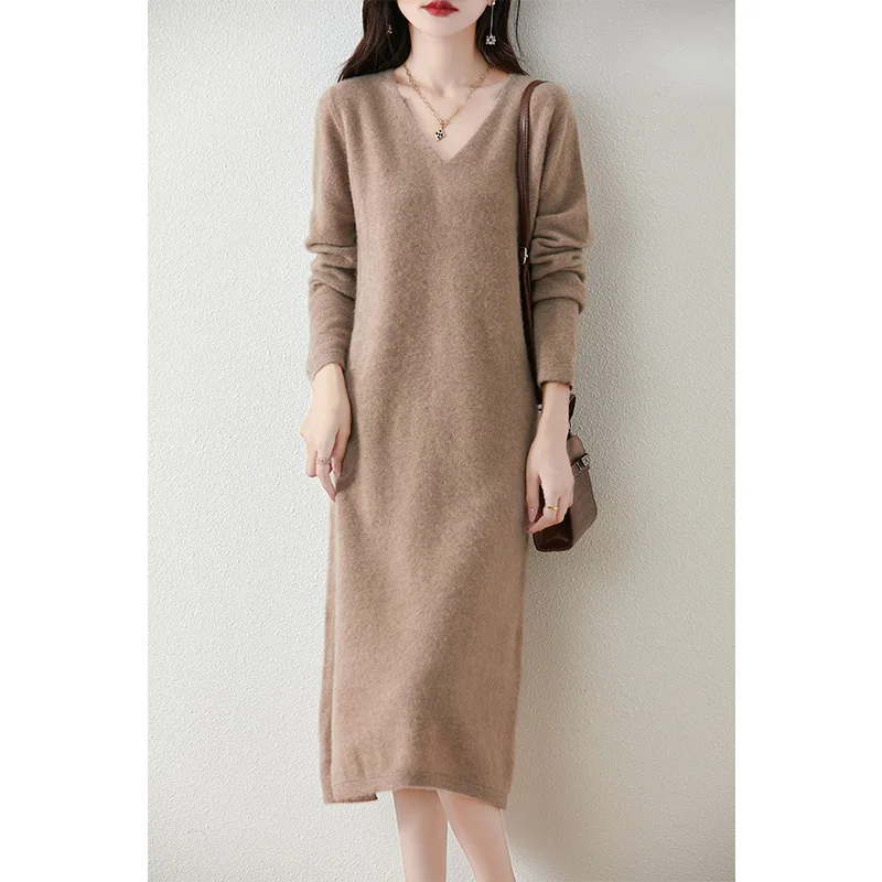 Hot Sale 100% Wool Sweater Dress for Women Winter/ Autumn V-Neck Female Solid Dresses Long Style Knit Pullover Girl Clothes