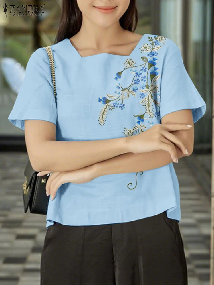 

Fashion Blouses ZANZEA Summer Women Vintage Embroidery Shirts 2025 Tunic Tops Casual Loose Square Collar Short Sleeve OL Blusas
