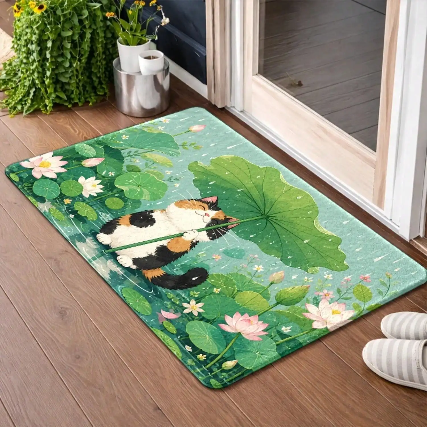 1pc, Cute Cat Holding For Lotus Leaf In Rain Pattern Doormats, Bath Mat, Durable, Stain - Resistant, Machine - Washable, Suitable For Living Room, Bedroom