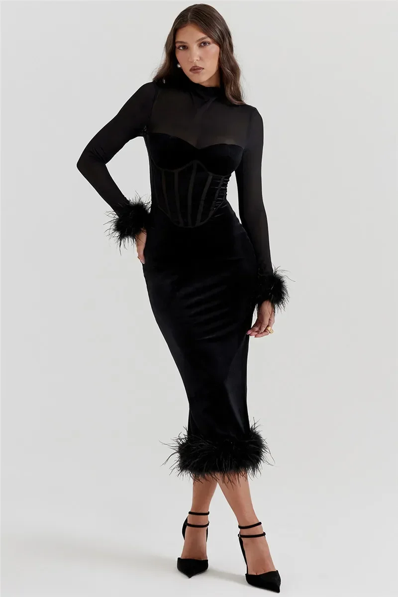Nowa elegancka spódnica z piórami Mozision dla kobiet czarna moda przezroczysta jednolita rękaw Bodycon z odkrytymi plecami klubowa długa sukienka na imprezę CSM2YL23648