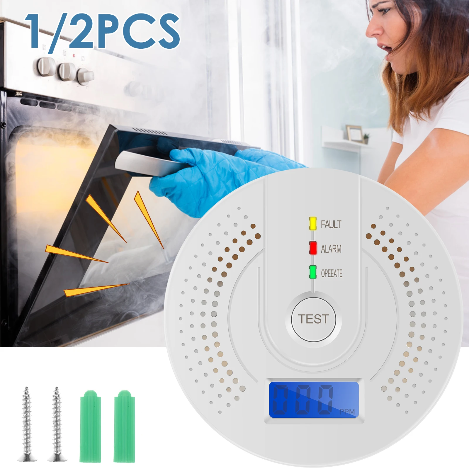 Detector de monóxido de carbono, monitor de gas CO con alarma, pantalla LCD digital, funciona con pilas AA, detector de CO para el hogar/depósito/pruebas