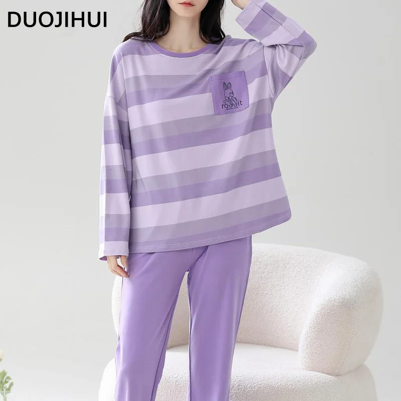 

DUOJIHUI Purple Two Piece Casual Home Pajamas for Women New Classic Stripe Pullover Simple Pant Loose Fashion Female Pajamas Set