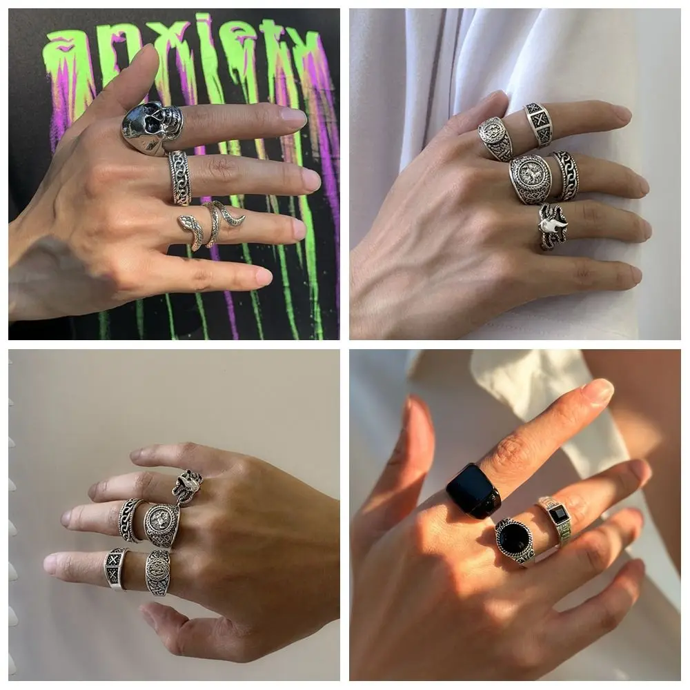 Exquisite Punk Stil Schädel Kopf Ringe Set Metall Gothic Männer Ring Geometrische Form Retro Silber Ringe für Männer