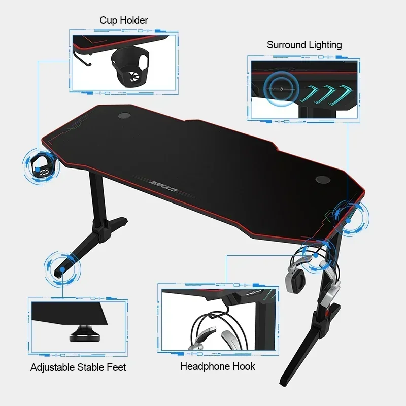 55 Inch Computer Laptop Desk Ergonomic Gaming Desk E-sports Computer Table PC Workstation with Mouse Pad Gamer Tables RGB Light