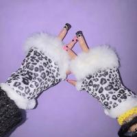 Y2K Leopard Print Gloves Plush Suede Faux Rabbit Fur Fingerless Gloves Christmas Women Hand Wrist Windproof Mittens Warmer