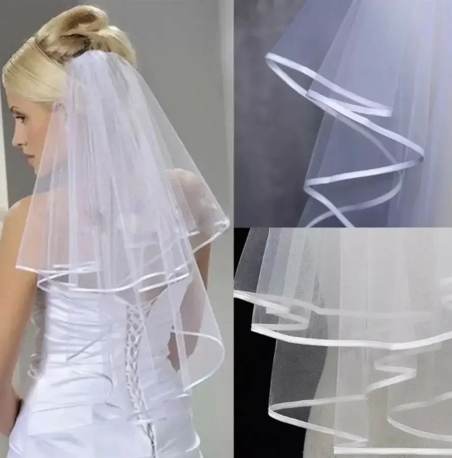 Bridal Wedding Ivory Veil 2 Tier With Metal Comb Satin Ribbon Edge Elbow Length