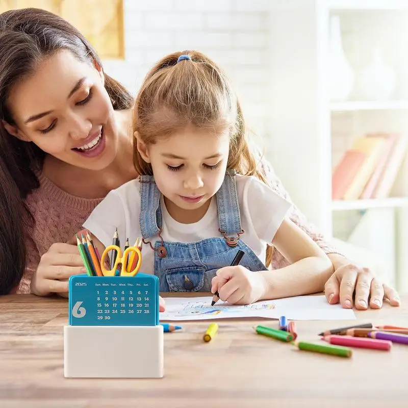 Calendario de escritorio con portalápices, calendario mensual de escritorio con organizador de bolígrafos, calendario de escritorio 2025, soporte para bolígrafo para estante de mesa de escritorio