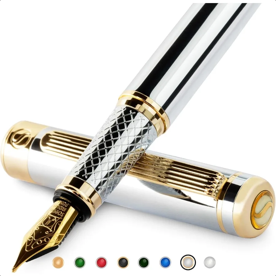 

Sier Chrome Fountain Pen Потрясающая роскошная ручка с настоящей золотой отделкой Schmidt Позолоченное перо Средний Лучший подарочный набор ручек для мужчин и женщин Profion
