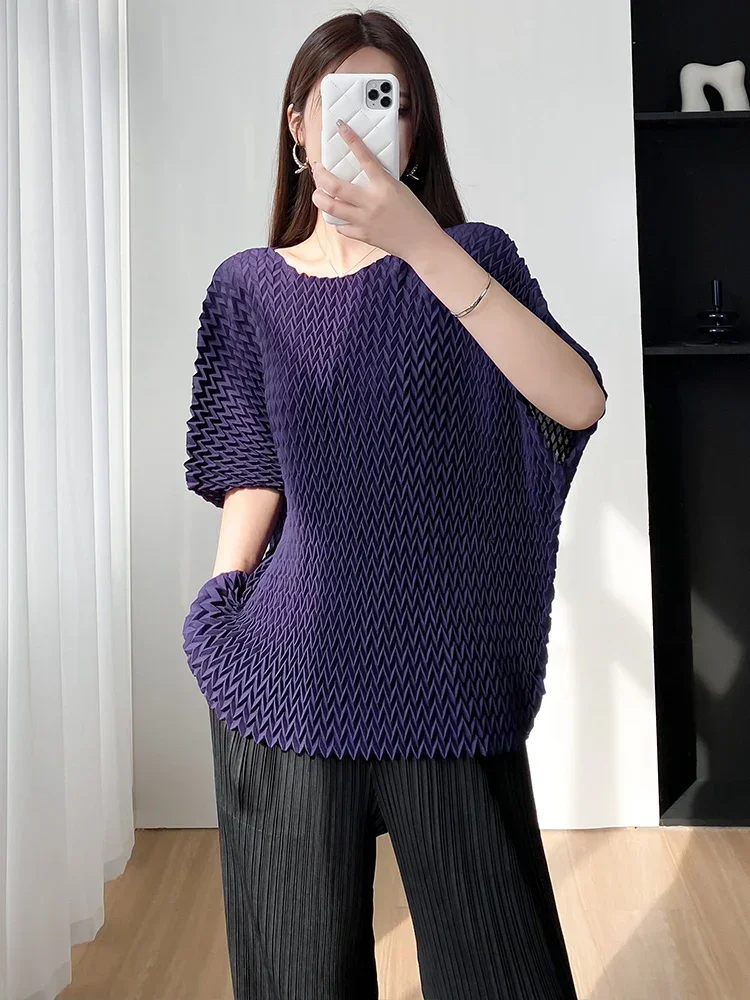 YUDX Miyake T-shirt Women's Summer 2024 New High-end Pleated Loose Large Yards Thin Bat Sleeve Round Neck Pullover Tops