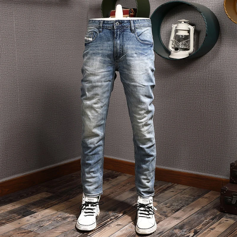 

Italian Style Fashion Men Jeans High Quality Retro Blue Elastic Slim Fit Ripped Jeans Men Vintage Designer Denim Pants Hombre