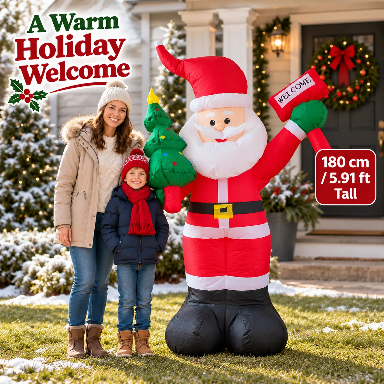 Christmas Inflatable Santa Claus 6FT Outdoor Decoration with LED Santa Holding Tree Welcome Sign for Yard Garden Lawn Xmas Decor