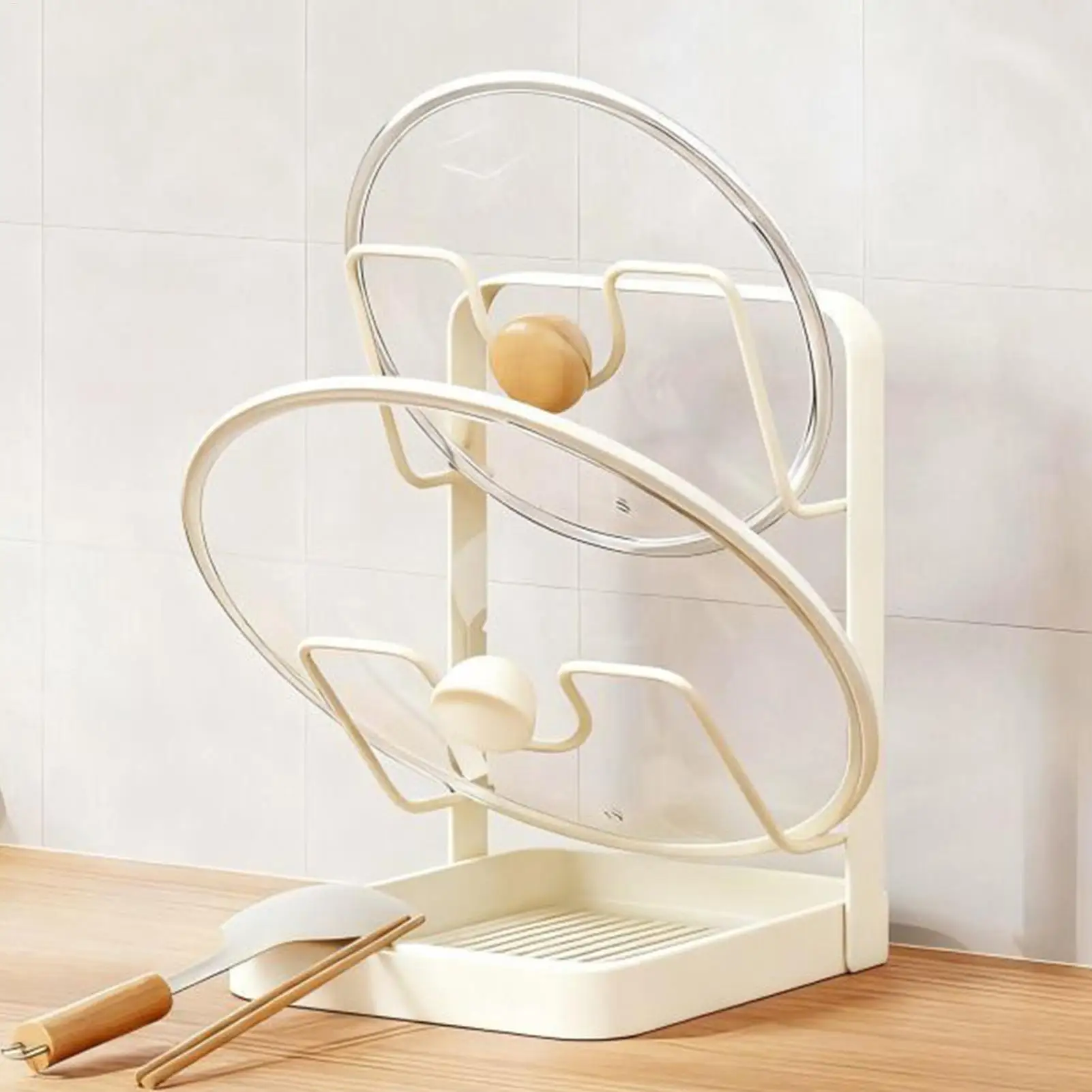 Pot Lid Organizer Anti-Slip Kitchen Storage Stand Kitchen Lid Rack for Pot Pan for Ladle Spatula Spoon Plate Dish Cabinet view 3