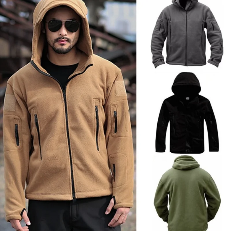Men's work clothes, outdoor warm fleece jacket, cold-proof jacket, hooded jacket, solid color hooded jacket