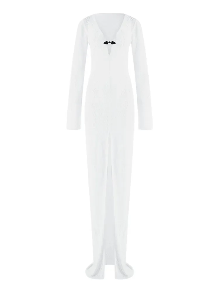 فستان كروشيه نسائي مثير بياقة على شكل V عميق Y2k شفاف من خلال فستان طويل منسوج على الشاطئ وأكمام طويلة فستان طويل أبيض