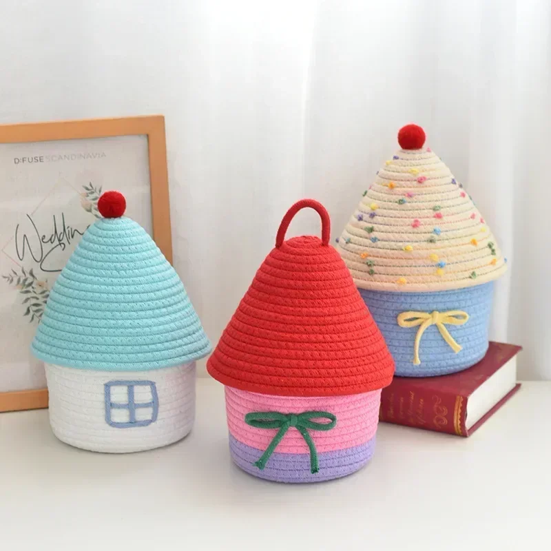 Cute covered small house with cotton thread storage basket, home miscellaneous storage box, desktop coffee table storage basket