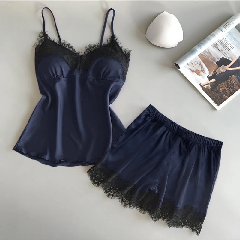 2Pcs Women\'s New Pajama Set Cute Fashion V-Neck Lace Sexy Lingerie Comfortable Home Light Luxury Sling Pajama Shorts Set