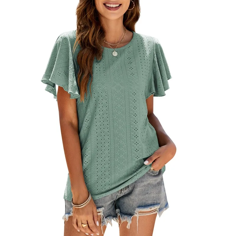 

Elegant Women Blouses Casual O Neck Ruffles Sleeve Loose Shirts Female Short Sleeve Shirts For Women Summer Fashion Pullover Top