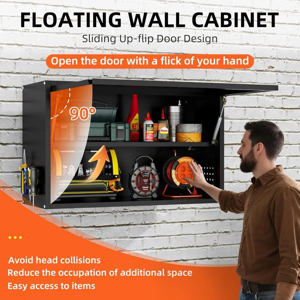 Metal Wall-Mounted Storage Cabinet with Flip-Up Door and Shelves, 19.7 High, Garage Hanging Cabinet Solution