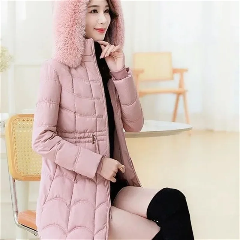 

2026 New Winter Fur-Collared Cotton-Padded Jacket Women's Long Slim-Fitting Thickened To Keep Warm Parkas With Lace-Up Pink Coat