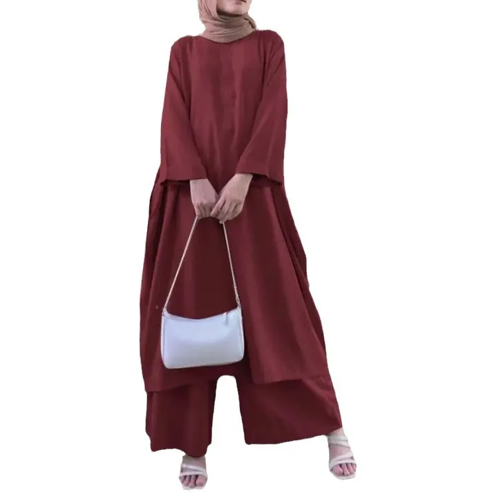 Ramadan 2 Piece Women Long Robe Wide Leg Pants Suit Dubai Ensemble Islam Casual Kimono Modest Arabic Muslim Morocco Outfits