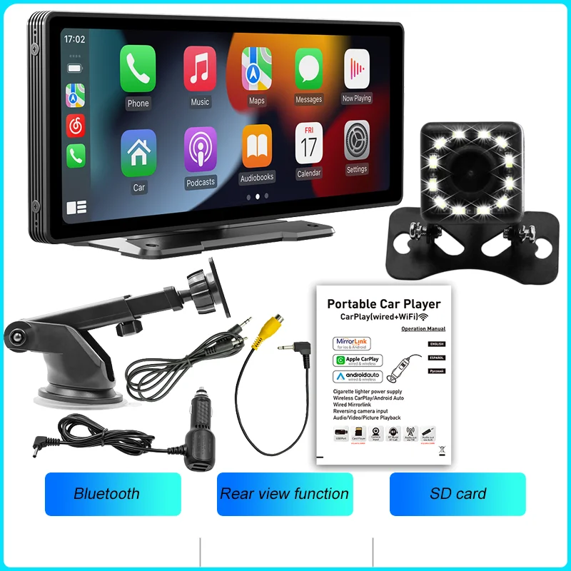 BQCC 10,26 inch draagbare draadloze Carplay-scherm HD achteruitrijcamera autoradio DVR MP5 multimedia videospeler Android Auto