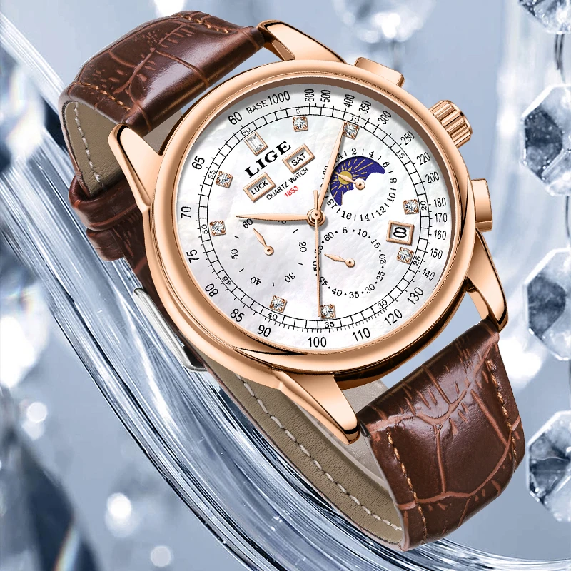 LIGE Retro Elegant Quartz Women's Wristwatches Simple Diamond Dial Fashion Casual Outdoor Date Waterproof Moon Phase Woman Watch