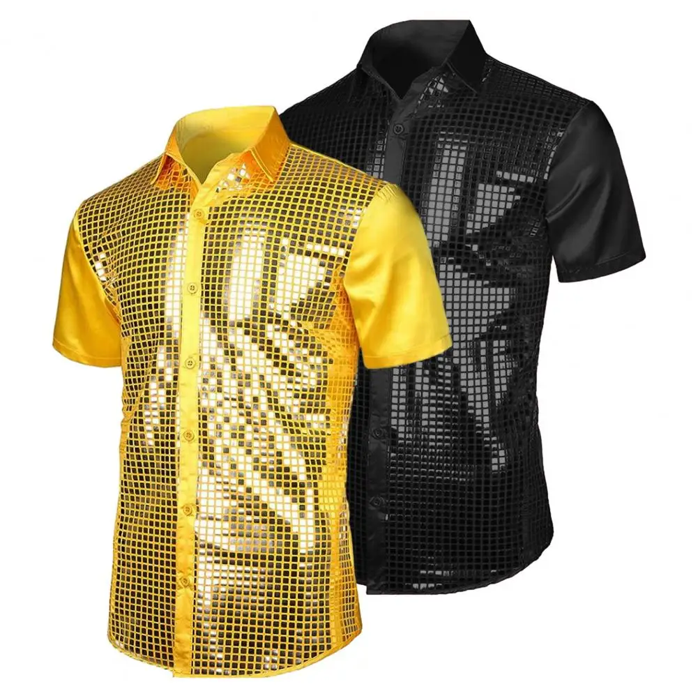 Breathable Men Shirt Shiny Satin Men's Performance Shirt with Turn-down Collar Single-breasted Design for Club Party 70s Disco