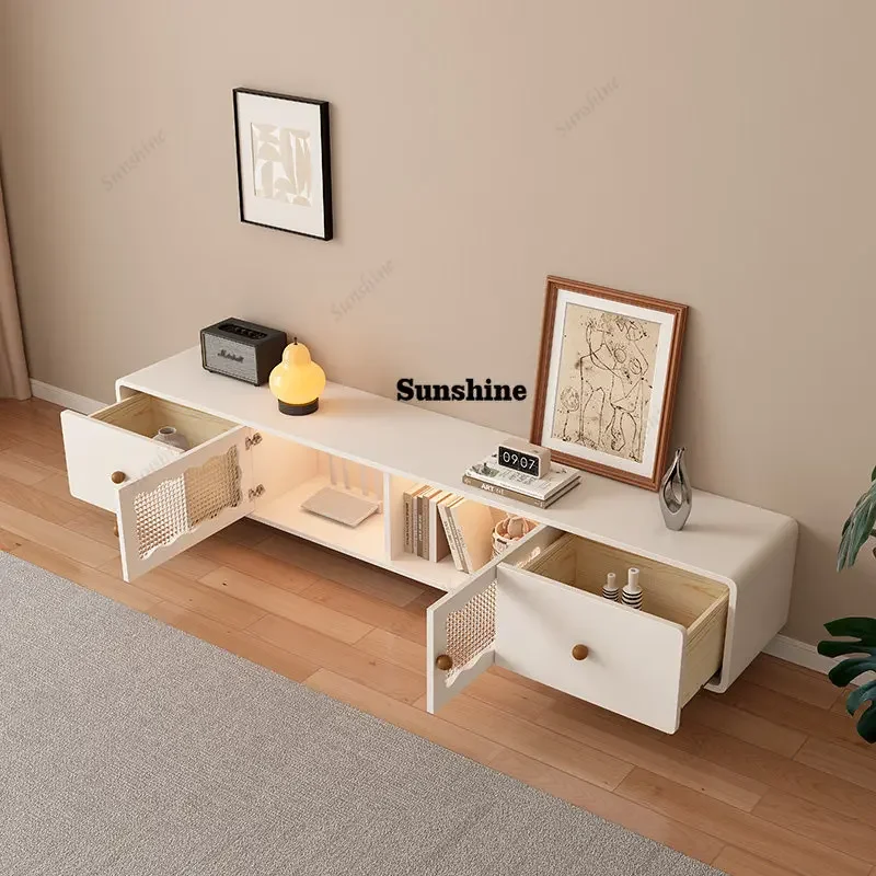 

French Cream Wind Solid Wood TV Cabinet White Modern Simple Multifunctional Storage Floor Cabinet FT