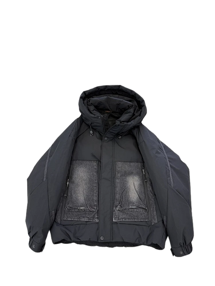 

Новая зимняя мужская повседневная теплая куртка из денима с пуховым наполнителем, свободного кроя, модная верхняя одежда из нейлоновой ткани с капюшоном на молнии