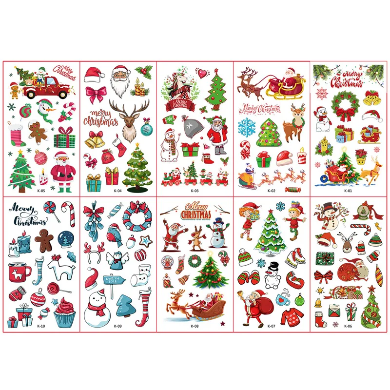 10 Sheets/Set Cartoon Christmas Santa Claus Temporary Tattoo Stickers for Kids Arms Face Waterproof Fake Tattoo