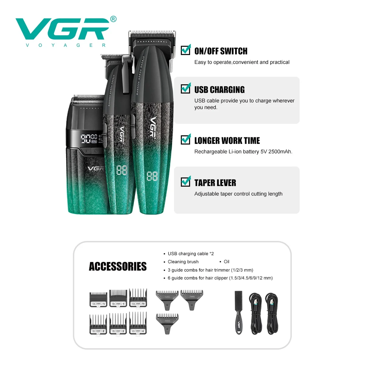 VGR Hair Trimmers Professional Hair Cut Machine Adjustable 9000 RPM LED Electric Clippers Metal Hair Trimmer For Men V-640 S3