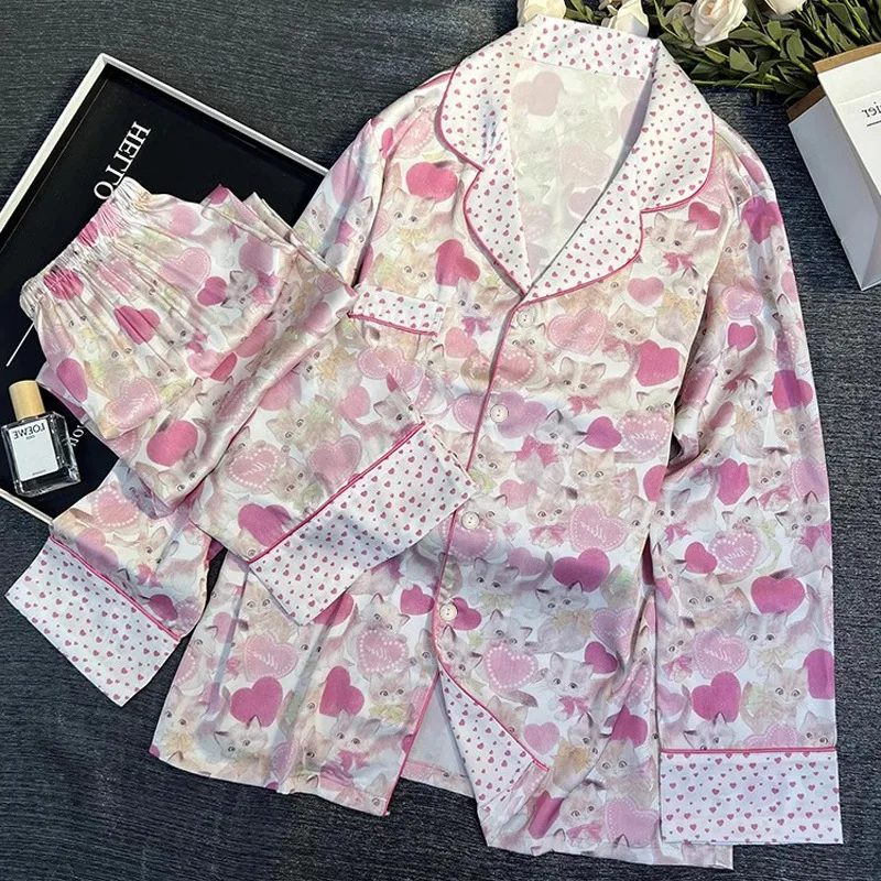 Satin Silk Pajamas Women Summer Spring Sweet Cute Little Cat Long Sleeves Long Pants Printing Homewear Girl Sleepwear Pijamas