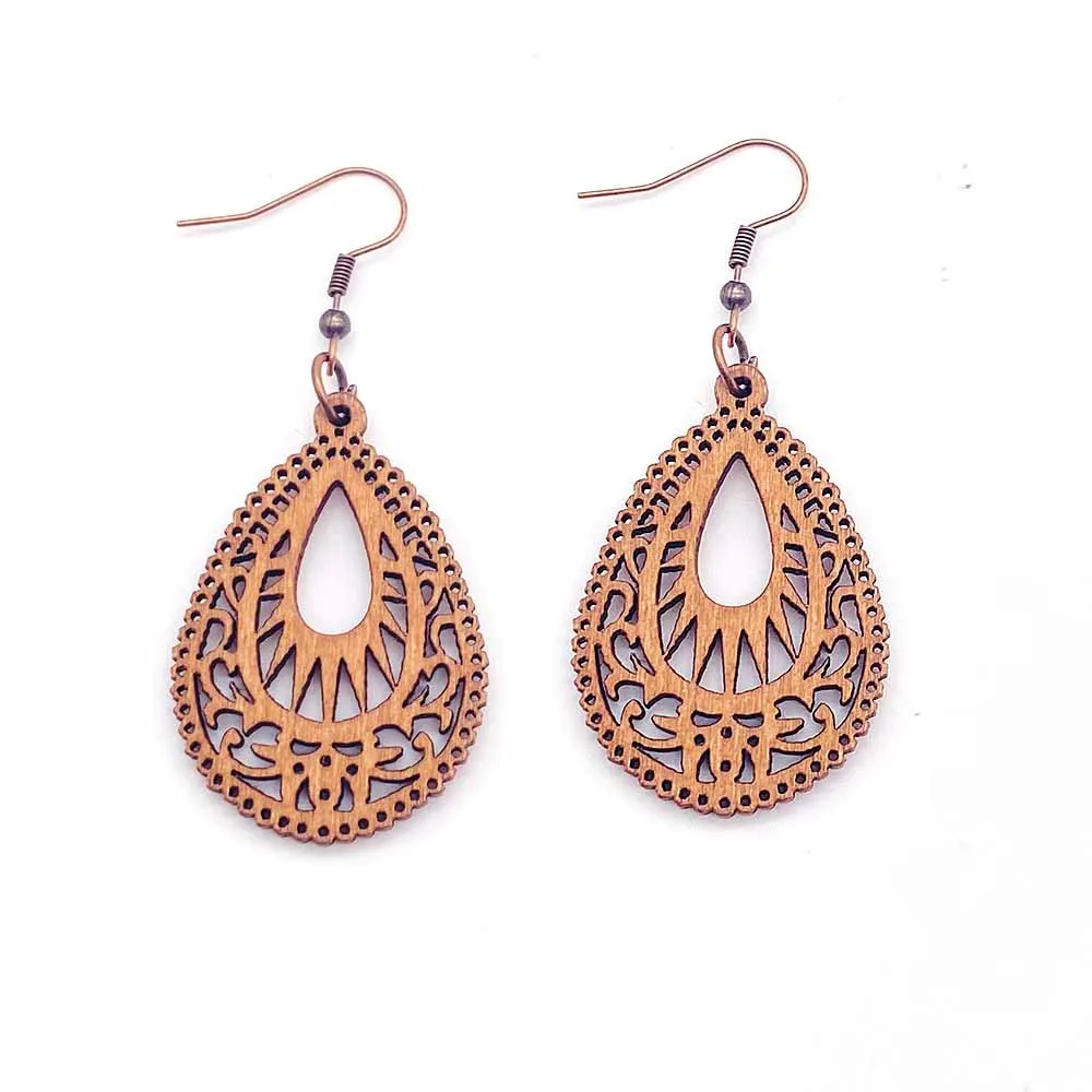 Vintage Hollowed Out Wooden Earrings Fashionable  Bohemian Style Creative Geometric Earrings Set for Women\'s Daily Wear