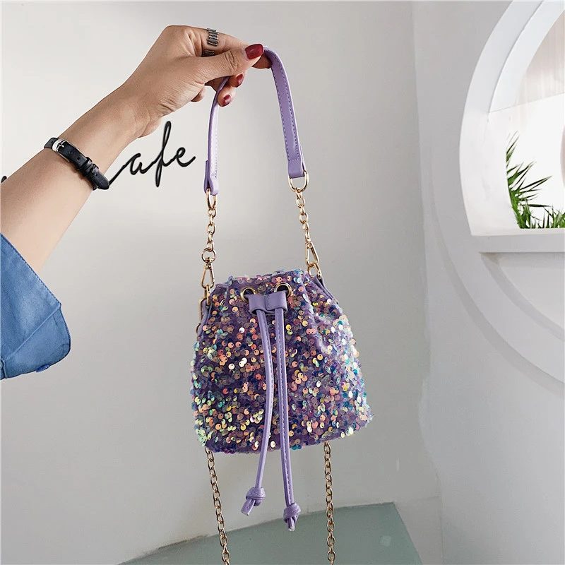 PU Sequined Bucket Shoulder and Hand Bags Soild String Chains Women‘s Bags 2024 Fashion New Style Hot Sale Bolsa Balde Feminina