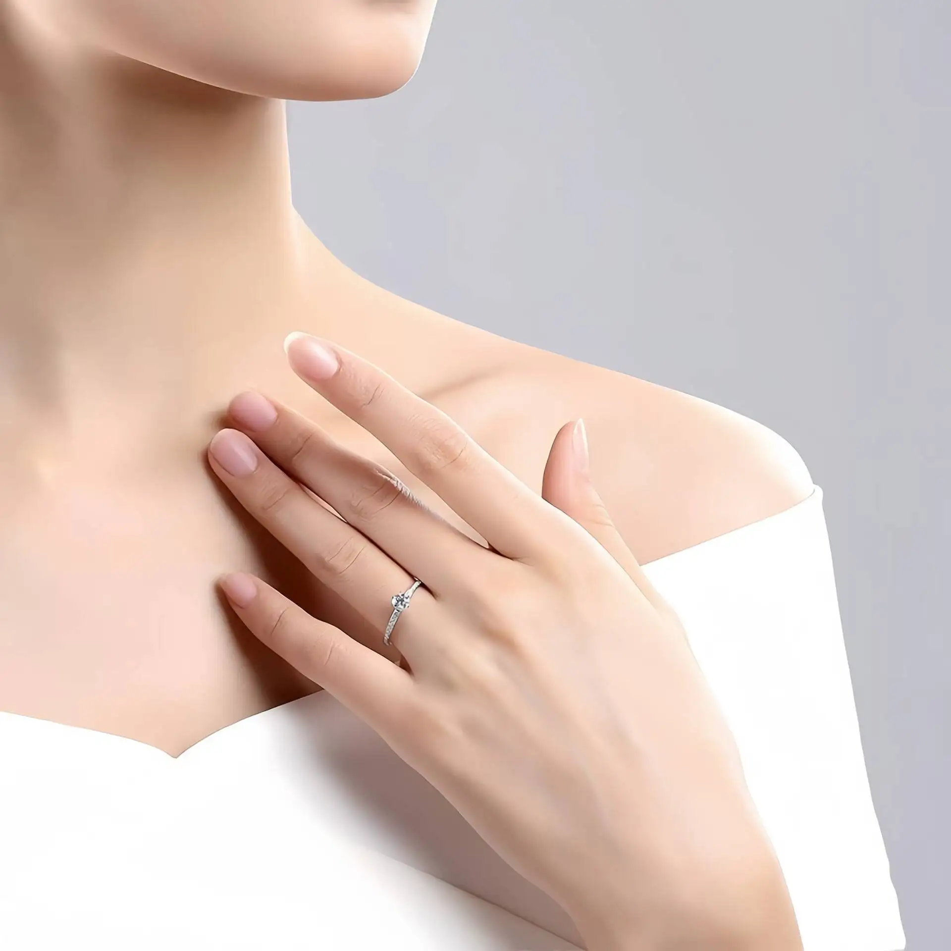 TY Echter 925er Sterlingsilber, schlichter funkelnder runder klarer Moissanit-Ring für Frauen, klassischer Luxus-Hochzeitsaccessoires-Schmuck – Detail 8