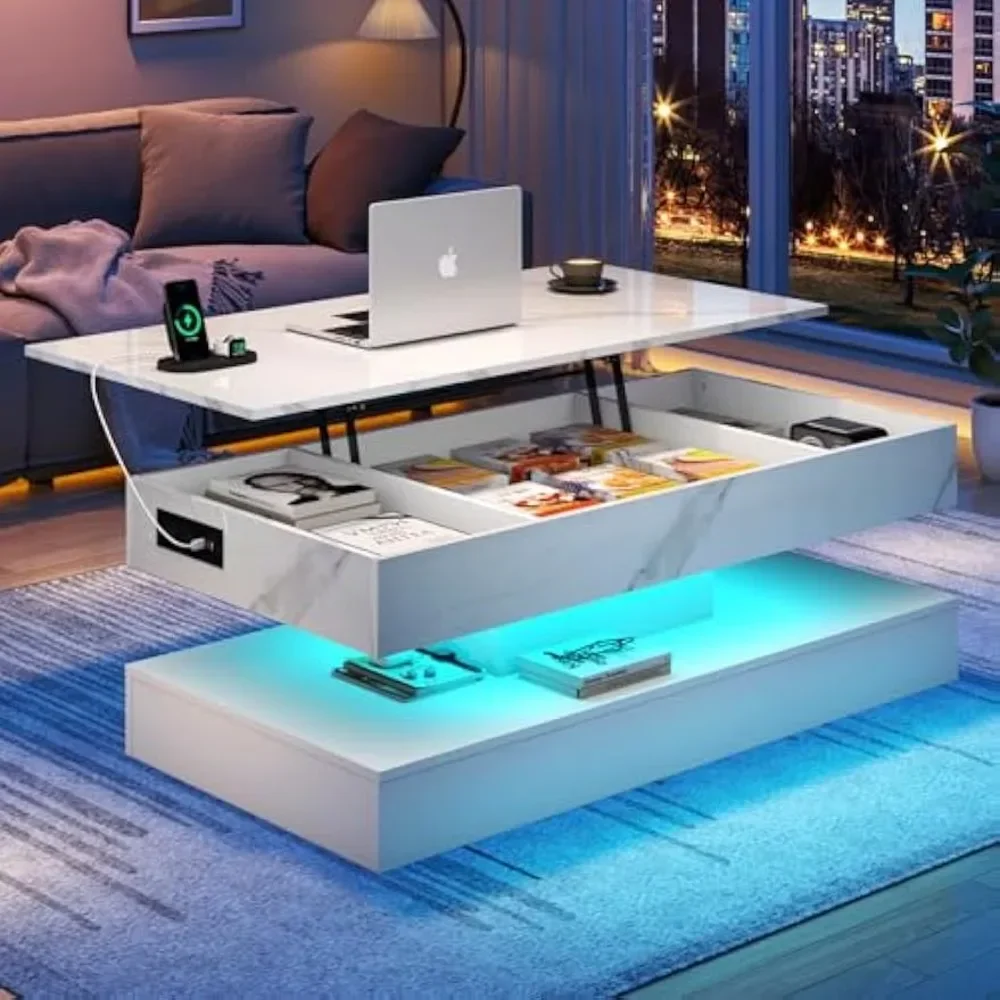 Grande table basse relevable avec station de charge, table centrale moderne à LED, haute brillance, compartiment de rangement GNE, 47.2 po